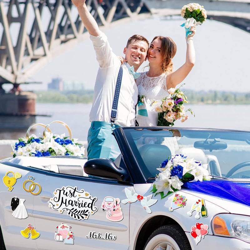 Konohan 16 Pcs Just Married Car Decorations Include 14 Assorted Ornate Car Magnets Just Married Window Decal and Cardstock Sign Banner Wedding Decorations for Bridal Shower Honeymoon Photo Props - Image 3